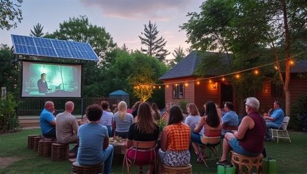 A sustainable image of an outdoor movie screening setup with solar panels powering the projector, attendees seated on upcycled or biodegradable seating options, surrounded by greenery and eco-friendly decor, creating a harmonious and environmentally conscious ambiance at an EcoCinema event.