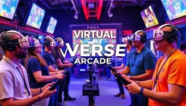 An engaging image of players wearing VR headsets and interacting with virtual environments, surrounded by a futuristic setup of VR equipment and controllers, highlighting the immersive and captivating experience of VirtualVerse Arcade.