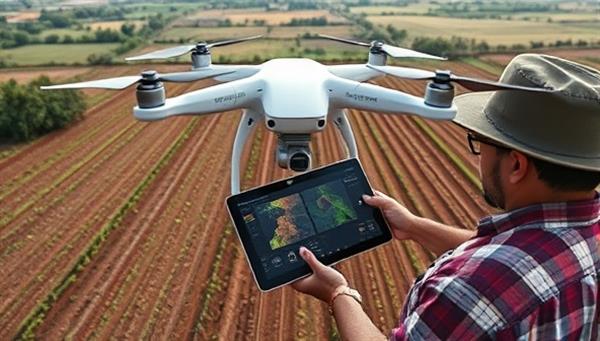 An aerial view image capturing a drone hovering over farmland, capturing detailed images of crops and soil, with a farmer analyzing the data on a tablet, illustrating the innovative and data-driven approach of AgriScan Innovations in agricultural monitoring.