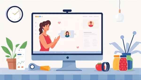 An engaging digital illustration showcasing a virtual health coach interacting with a client through a computer screen, with fitness trackers and healthy food items in the background, symbolizing guidance and progress.