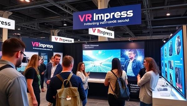 A tech expo booth featuring attendees immersed in a VR brand experience presented by VR Impress, where participants are interacting with virtual products and environments, highlighting the innovative and engaging nature of VR marketing solutions.
