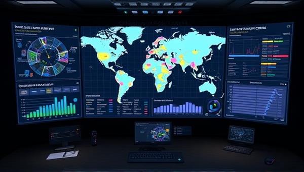 A digital command center interface displaying real-time incident mapping, resource allocation charts, and communication channels for emergency responders and government agencies, symbolizing seamless coordination and collaboration in crisis situations through virtual platforms.