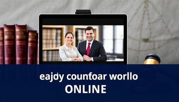 An engaging graphic showcasing a virtual meeting between a lawyer and a client on a computer screen, with legal books and a gavel in the background, symbolizing professional legal consultations online.