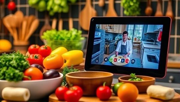 A vibrant kitchen scene with fresh ingredients, cooking utensils, and a digital device displaying a live cooking class, capturing the essence of interactive culinary experiences at home.