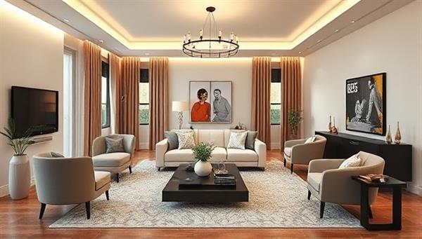 An elegant digital rendering of a virtual interior design consultation session, featuring a stylish living room with interactive design elements and virtual furniture placement, highlighting the seamless blend of technology and creativity in home decor.