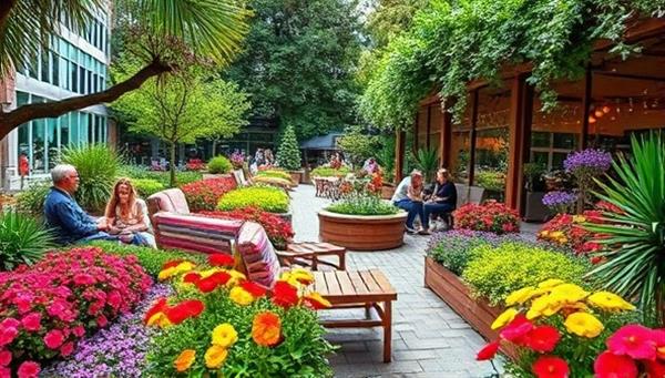 A vibrant urban garden bursting with colorful flowers, lush greenery, and cozy seating areas, inviting visitors to relax and connect with nature in the heart of the city, creating a serene and refreshing oasis.