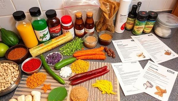 An array of colorful spices, exotic ingredients, and recipe cards spread out on a kitchen counter, ready for a culinary adventure, evoking the essence of TasteTrekkers Club.