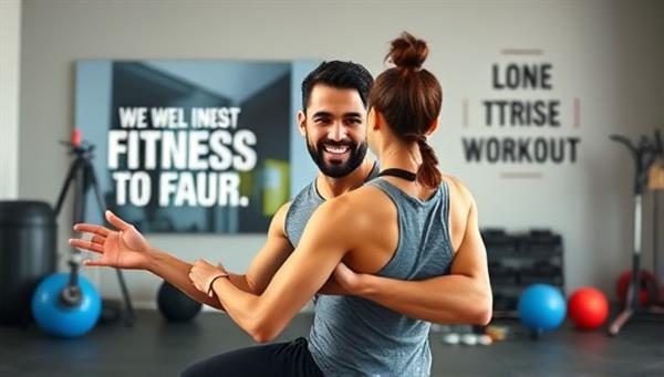 A dynamic and energetic image of a virtual fitness trainer leading a workout session via video call, with motivational fitness quotes in the background and exercise equipment visible, inspiring users to join the platform for a fun and effective workout experience.