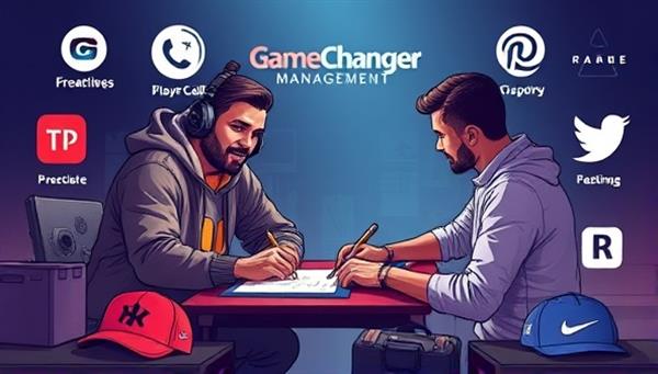 An artistic representation of a gaming influencer signing a partnership deal with a brand representative, surrounded by a digital contract, gaming merchandise, and social media logos, symbolizing the collaboration and growth opportunities facilitated by GameChanger Management agency.