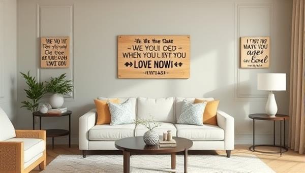 An elegant living room setting adorned with laser-cut wooden signs featuring inspirational quotes and decorative motifs, creating a warm and personalized ambiance in the space.
