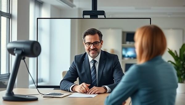 A virtual meeting setup with a consultant discussing telecommunications strategies on a video call with a business team, showcasing professionalism and expertise in remote consultancy services.