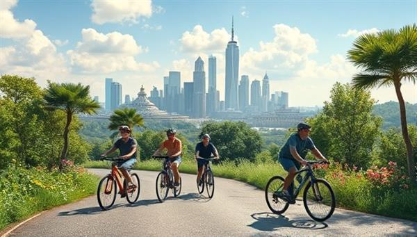 An artistic representation of a group of cyclists riding through a scenic city landscape, surrounded by lush greenery and iconic landmarks, showcasing the eco-friendly and adventurous nature of GreenCycle Tours.