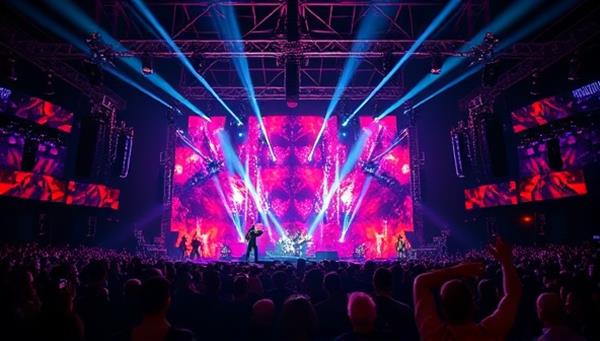 An electrifying visual representation of a virtual music festival stage filled with dynamic lighting effects, virtual crowds cheering, and digital avatars of musicians performing on stage, capturing the excitement and energy of a live music event in a virtual reality concert experience platform.