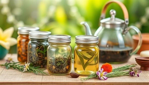 An inviting tea ceremony setup with a selection of herbal tea blends in glass jars, surrounded by fresh herbs, dried flowers, and a teapot, exuding a serene and natural ambiance that invites relaxation and mindfulness.