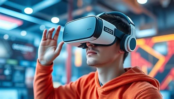 An individual wearing a VR headset, exploring a virtual representation of a website design, surrounded by a futuristic digital environment, highlighting the immersive and interactive nature of the VR WebScape experience.