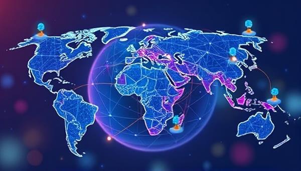 An artistic representation of a digital globe with virtual connections linking remote workers and companies across different continents, symbolizing the borderless recruitment approach of RemoteRecruit Specialists in connecting talent globally.