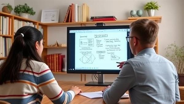 A dynamic online tutoring session where a tutor and student interact via video call, with a virtual whiteboard for explanations, digital study materials, and a collaborative learning environment that fosters engagement and academic growth.