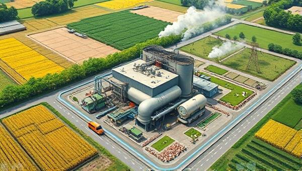 An artistic depiction of a biowaste-to-energy conversion plant surrounded by lush fields of crops and organic waste streams, with pipelines and machinery transforming waste into clean energy and sustainable products, illustrating the circular economy and environmental stewardship.