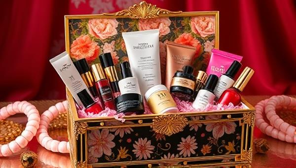 An elegant and chic beauty box adorned with floral patterns and gold accents, overflowing with an assortment of colorful beauty products, exuding luxury and excitement.
