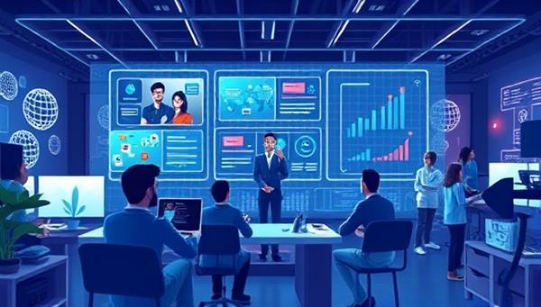 An online tech hub visualization with a virtual tech lab environment, featuring startup founders brainstorming ideas on digital screens, a mentor guiding a pitch session, and a network of tech professionals networking virtually, symbolizing tech innovation and collaboration in a digital ecosystem.