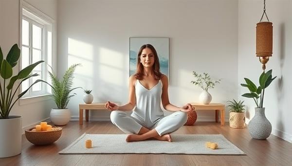A serene and calming virtual wellness studio environment featuring a wellness coach leading a meditation session, surrounded by elements of nature, soothing colors, and wellness tools, evoking a sense of relaxation and inner peace for users seeking holistic well-being.