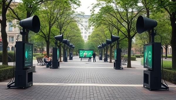 An urban park scene with directional speakers strategically placed around the area, emitting branded soundwave ads that capture the attention of park visitors, creating a dynamic auditory landscape that immerses the audience in the innovative audio advertising experience offered by SonicScape Ads.