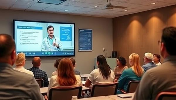 An engaging virtual classroom setting with diverse students participating in a healthcare lecture, an expert instructor delivering a presentation on a digital screen, interactive learning tools displayed, and a collaborative learning environment, symbolizing immersive and interactive healthcare education experiences on the platform.
