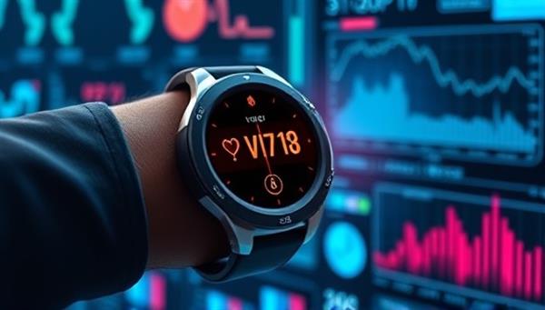 A futuristic wrist device displaying vital signs with a sleek design, surrounded by digital health data visualizations, highlighting the cutting-edge technology and personalized health insights provided by VitaCare AI.