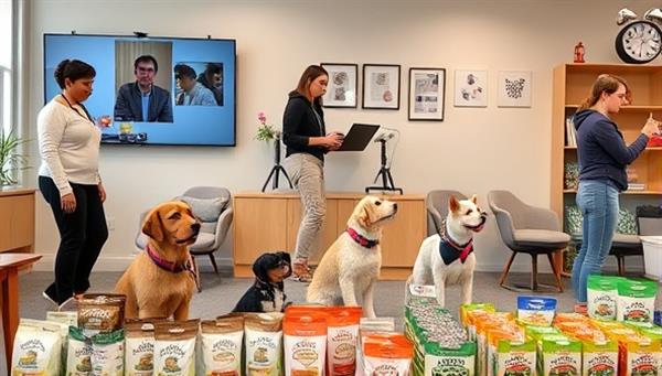 A virtual pet training session with trainers demonstrating positive reinforcement techniques, pet owners engaging with their furry companions in training exercises, and a variety of pet toys and treats on display, creating a warm and encouraging environment for virtual pet training workshops.