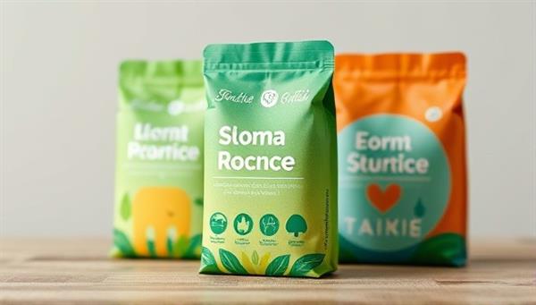 An image showing a creative and eye-catching sustainable packaging design with vibrant colors and eco-friendly symbols, emphasizing the concept of environmental responsibility and innovation.