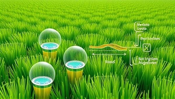 An intricate visualization of IoT sensors embedded in a lush green field, with data streams illustrating real-time soil moisture levels and irrigation adjustments, showcasing the precision and efficiency of the smart irrigation control system.