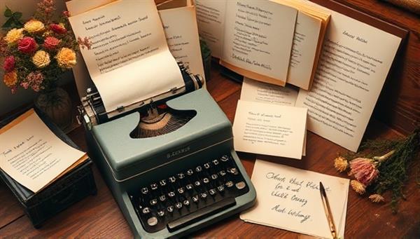 A cozy writing desk with a vintage typewriter surrounded by handwritten poems, dried flowers, and elegant stationery, creating a warm and nostalgic atmosphere for crafting heartfelt verses.