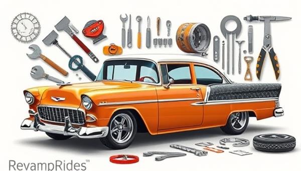 An artistic collage featuring a vintage car being transformed into a modern custom vehicle through a series of digital renders, tools, and parts, highlighting the creative and entrepreneurial spirit of RevampRide