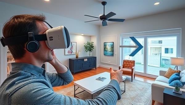 An immersive VR experience showcasing a virtual home renovation consultation, with a client wearing VR goggles and interacting with a digital representation of their redesigned living room, complete with different furniture layouts and color schemes, illustrating the innovative and interactive nature of VirtuDesign Renovations.