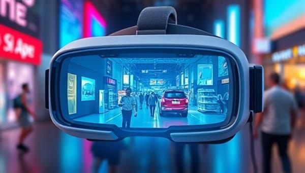 An AR headset displaying a virtual reality world where digital advertisements seamlessly blend with physical surroundings, illustrating the immersive and interactive nature of AR advertising experiences.
