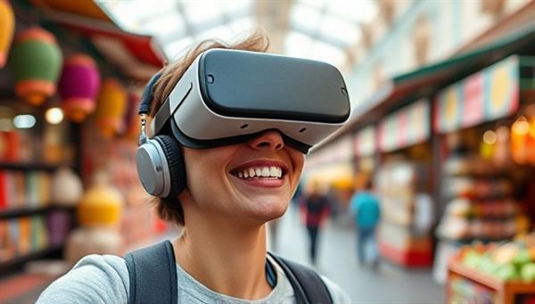 An engaging visual of a person wearing a VR headset, smiling while virtually exploring a vibrant marketplace in a foreign country, capturing the essence of travel through immersive technology.