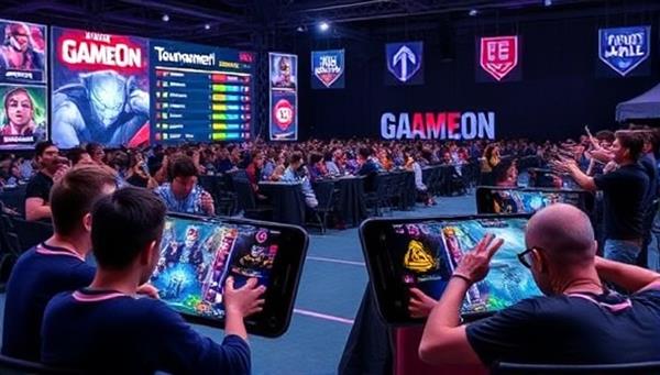 A dynamic and competitive gaming tournament scene on mobile devices, with players engaged in intense gameplay, spectators cheering in the background, and a leaderboard displaying top scores, capturing the excitement and competitiveness of GameOn Mobile tournaments.