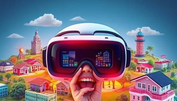 An enticing 3D-rendered VR headset surrounded by vibrant digital property landscapes, inviting users to step into a virtual world of real estate exploration and discovery.