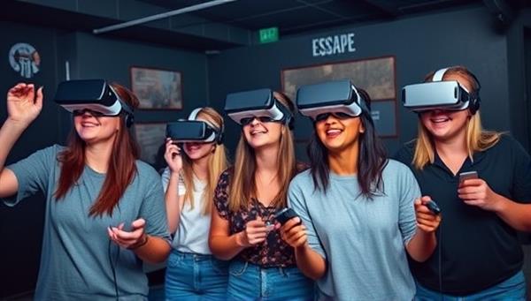 A group of friends wearing VR headsets and holding controllers, immersed in a virtual world filled with puzzles and challenges, showcasing the excitement and teamwork of the VR Escape Room experience.