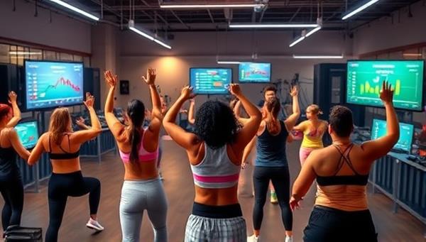 An energizing visual representation of a virtual fitness challenge featuring diverse participants working out together in a virtual gym environment, tracking their progress on screens, and celebrating their achievements, symbolizing the motivation and community spirit of the platform.