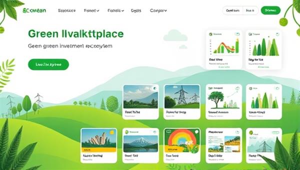 An eco-friendly digital marketplace interface showcasing a variety of sustainable investment projects, from renewable energy initiatives to green tech startups, with vibrant nature-themed graphics and visuals, promoting a green investment ecosystem.