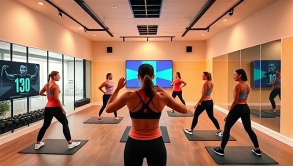 A dynamic virtual fitness studio environment with trainers leading workout sessions, participants engaging in high-energy exercises, and digital fitness trackers displaying progress and achievements, inspiring a culture of movement and wellness.