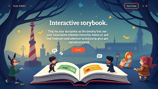 An illustration of a website designed as an interactive storybook, featuring animated characters, branching storylines, and interactive elements that transport users into a captivating digital narrative world, highlighting the essence of interactive storytelling website design.