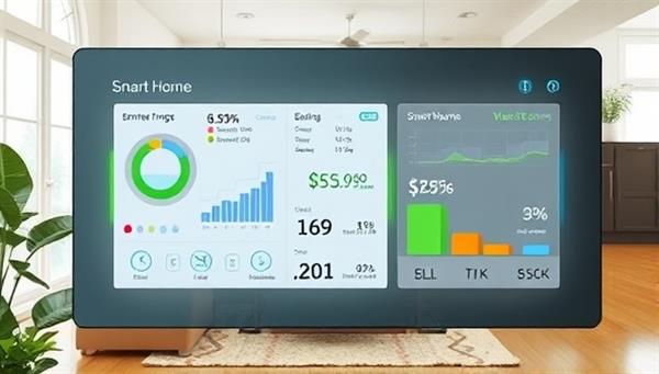 An elegant and minimalist smart home control panel displaying energy usage statistics, cost savings, and environmental impact data, set against a backdrop of a modern, eco-friendly living room with energy-efficient appliances and solar panels, promoting sustainability and smart living.