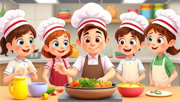 An animated digital scene featuring a group of children wearing chef hats and aprons, enthusiastically following a virtual cooking class led by a friendly chef mentor, surrounded by colorful ingredients and kitchen utensils, sparking joy and culinary creativity within ChefKids Connect.