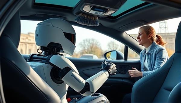 An artistic rendering of a sleek, futuristic robot equipped with brushes and sensors, autonomously cleaning the interior of a car while a satisfied customer watches from outside, capturing the efficiency and innovation of the service.