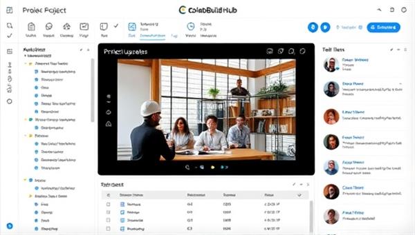 An interactive project dashboard on the CollabBuild Hub platform displaying real-time project updates, task assignments, and communication channels between team members, with a virtual team meeting in progress on video conferencing, symbolizing effective and seamless collaboration in construction project management.