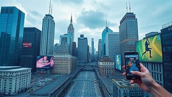 An interactive AR experience overlaying a popular cityscape with digital advertisements that blend seamlessly with the surroundings, illustrating the immersive potential of AR in marketing.