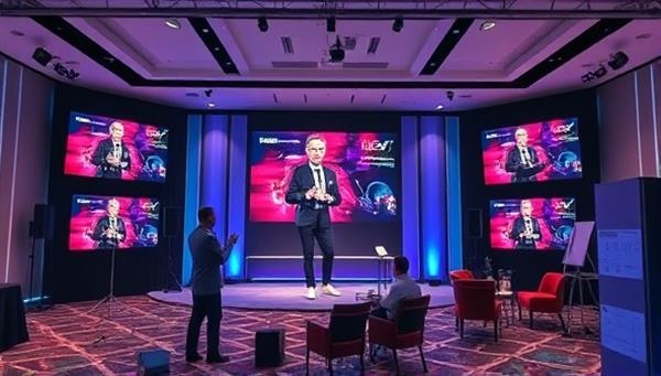 An innovative virtual event setup with multiple screens showing live presentations, a digital networking lounge, and interactive polls, capturing the essence of engaging and immersive online events.