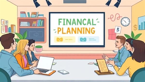 An engaging digital illustration of a virtual financial planning workshop for teens, featuring colorful visuals, interactive quizzes, and enthusiastic presenters engaging with a diverse group of teenagers, fostering financial empowerment and knowledge-sharing in a fun and educational environment.